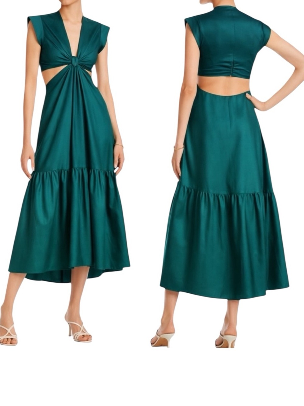 Jason Wu Satin Twist Plunging Neckline Cutout Midi Dress in Deep Teal